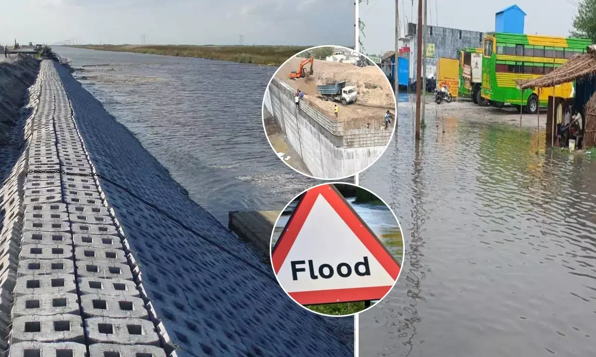 यमुना नदी में बाढ़ से होने वाले कटाव को रोकने के लिए बनाई गई दीवार