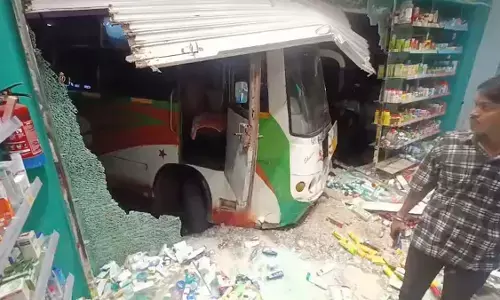 The bus entered the medical store The bus entered the medical store