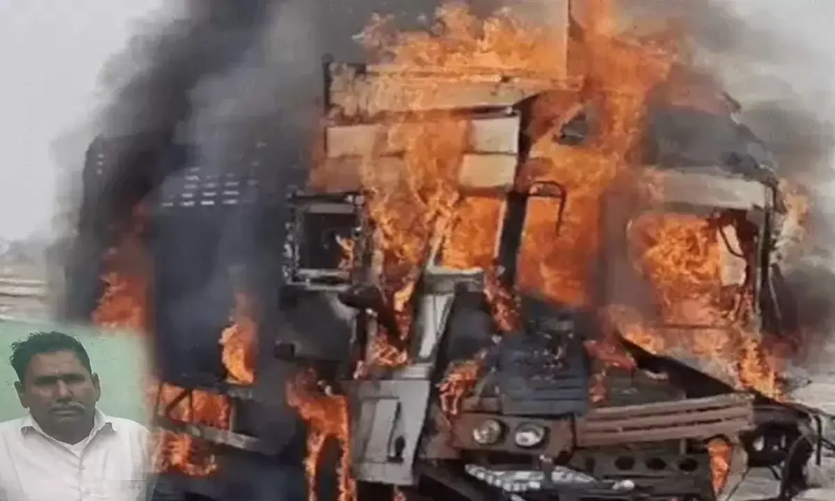 शराब से भरे ट्रक ने खड़े वाहन में मारी टक्कर, ड्राइवर की जिंदा जलकर मौत