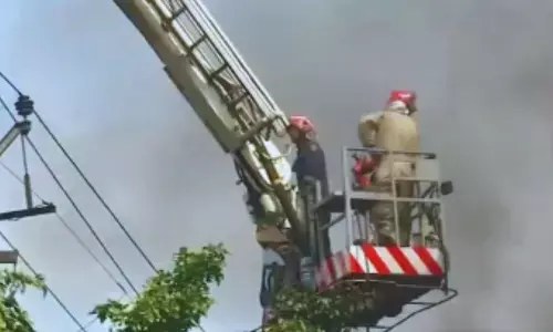 Firefighters extinguishing the fire at a factory in Bawana