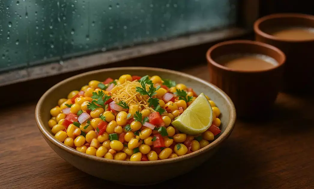 चटपटी और रंग-बिरंगी कॉर्न चाट- प्याले में परोसी गई हेल्दी मानसून स्नैक की फोटो