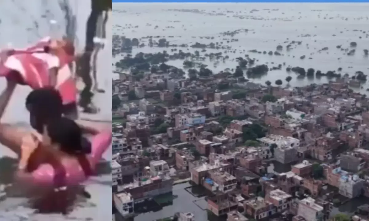 प्रयागराज में बाढ़ के बीच नवजात को बचाने की जद्दोजहद करते दंपती।