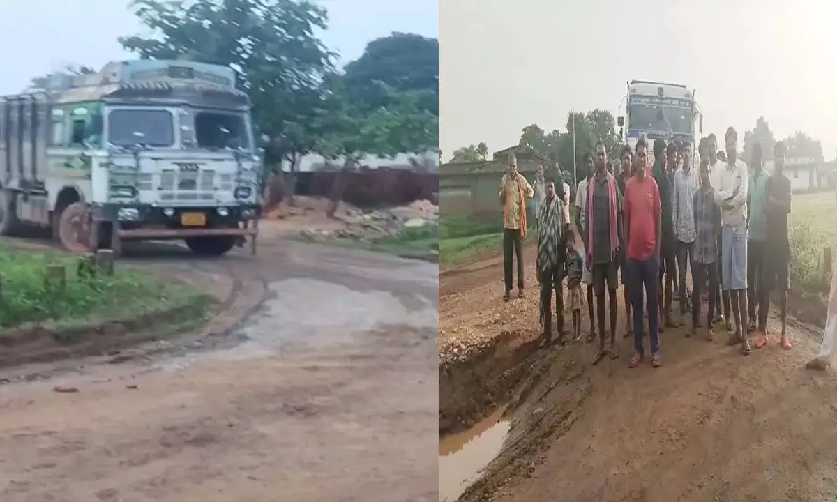 ग्रामीणों रुकवाया ओवर लोड ट्रक ग्रामीणों रुकवाया ओवर लोड ट्रक