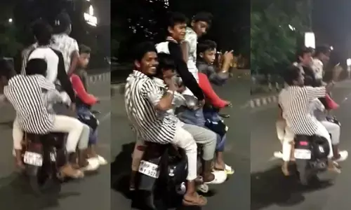 भोपाल: ट्रैफिक नियमों की धज्जियां, एक बाइक पर 6 नाबालिग, बिना हेलमेट कर रहे स्टंट