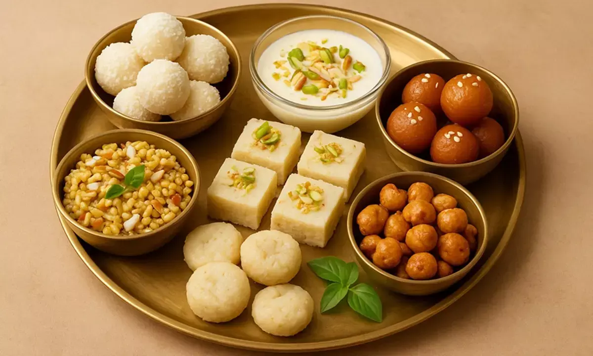 A plate of bhogs for Kanha ji in which all these 6 recipes are decorated.
