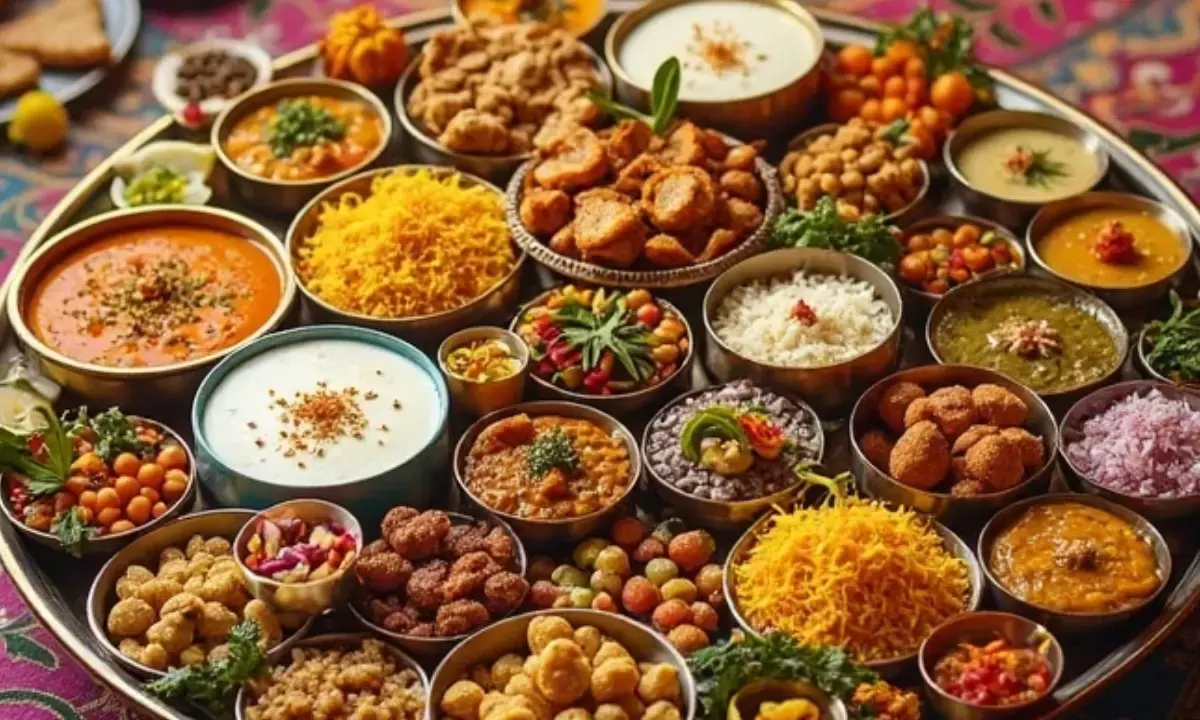 56 bhog ki thali decorated for Lord Krishna on Krishna Janmashtami 2025 which includes sweets, fruits, cereals, dry fruits and beverages.