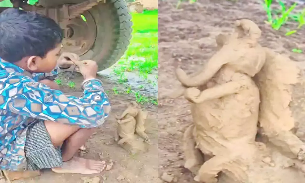 गणेश की प्रतिमा बनाते हुए बाल कलाकार शिवम