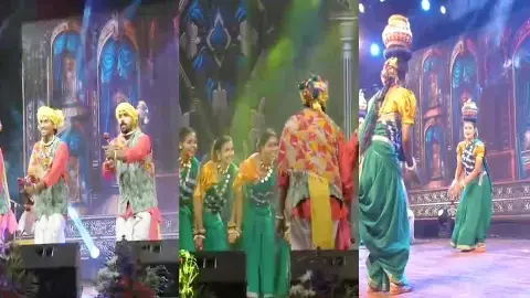 लोकनृत्य प्रस्तुत करते हुए छात्र-छत्राएं