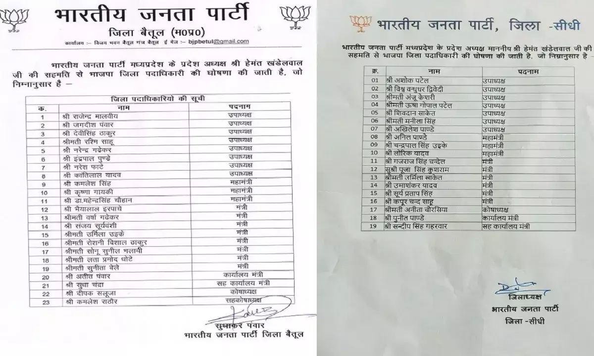 बीजेपी ने सीधी और बैतूल जिले में नियुक्त किए नए पदाधिकारी, देखें सूची