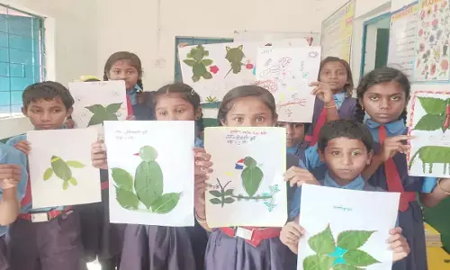 पृथ्वी को बचाने का संकल्प : स्कूली बच्चों ने पत्तों से बनाई विभिन्न आकृतियां