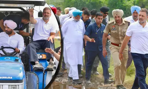 गुरदासपुर: राहुल गांधी ट्रैक्टर चलाकर पंजाब के बाढ़ प्रभावित गांव पहुंचे, सुनी समस्याएं।