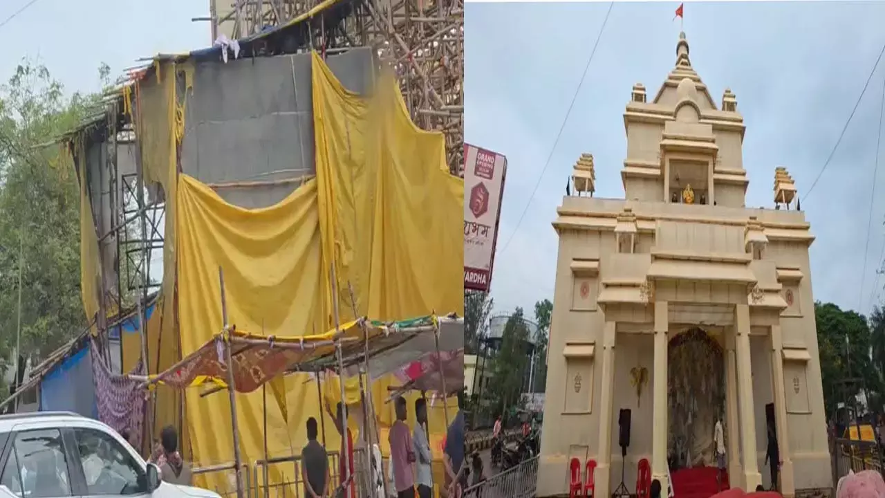 दुर्गा पंडाल में लगी आग : पीछे का हिस्सा जलकर खाक, प्रतिमा भी हुई खंडित