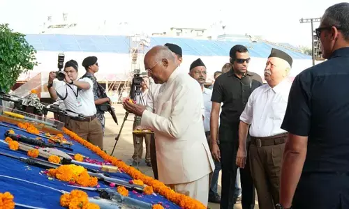 RSS centenary Vijayadashami celebration: Mohan Bhagwat performed Shastra Puja, former President Ramnath Kovind chief guest.