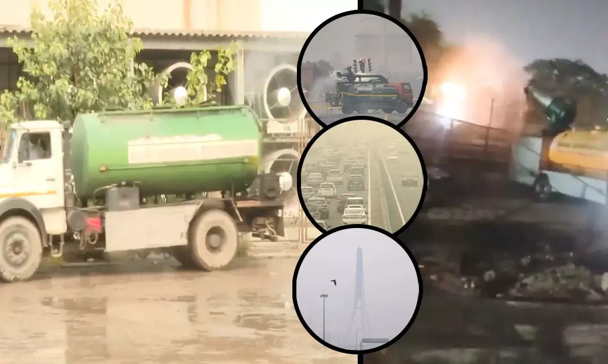 aap targeted bjp for tampering with aqi data sensors being sprayed with water tankers