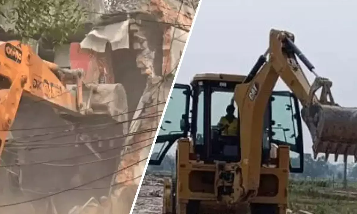 Bulldozers run near a temple in Delhi
