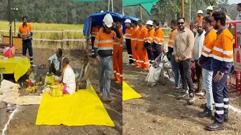 गोल्ड माइंस में भूमिपूजन करते हुए वेदांता ग्रुप के कर्मचारी