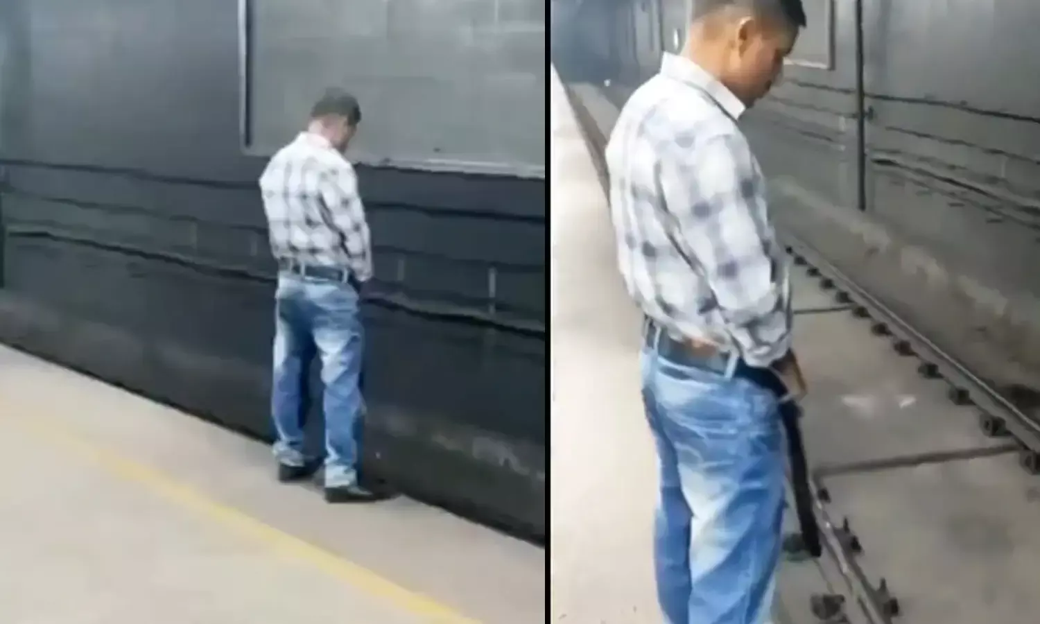 Young Man Urinating on Metro Platform
