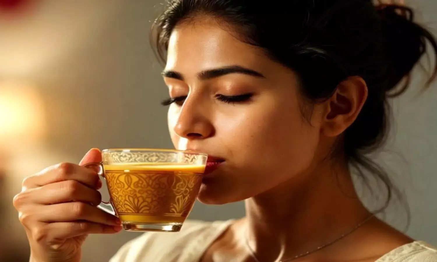 हल्दी वाला दूध पीती हुई महिला