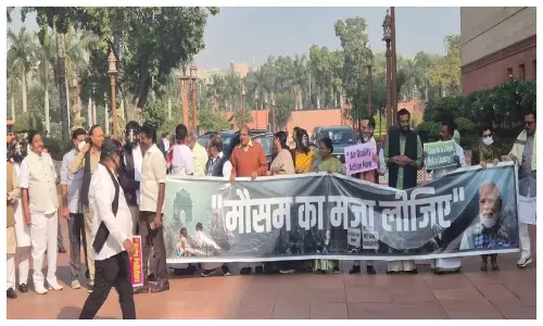 मौसम का मजा लीजिए... संसद परिसर में विपक्ष का प्रदूषण पर जोरदार प्रदर्शन