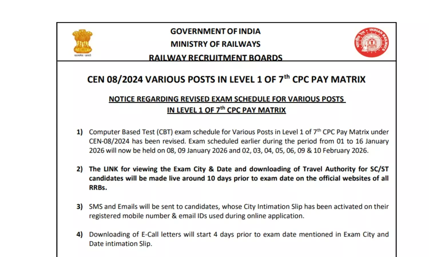 RRB Group D CBT 2025 Exam Revised Schedule