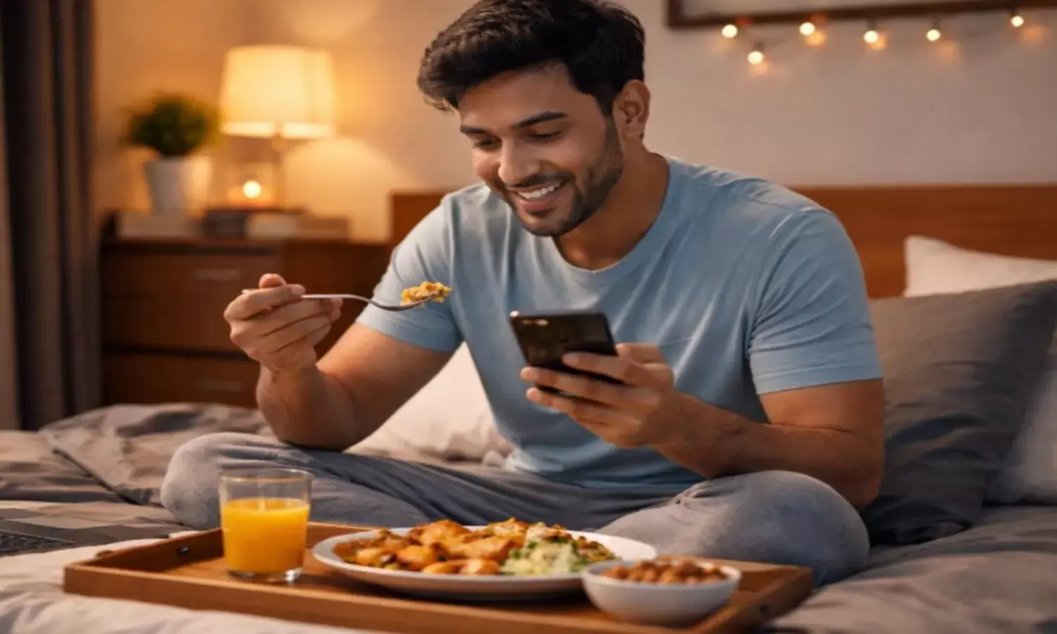 बिस्तर पर खाना खाता व्यक्ति