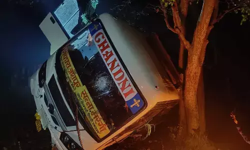यात्री बस अनियंत्रित होकर गड्ढे में पलटी