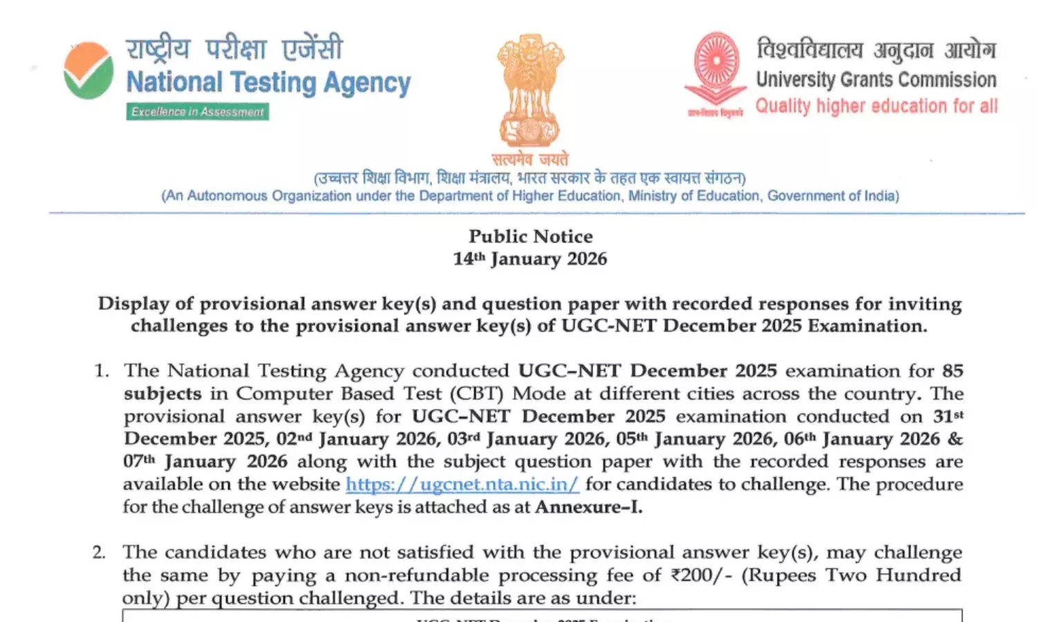 UGC NET December Exam Answer Key 2025