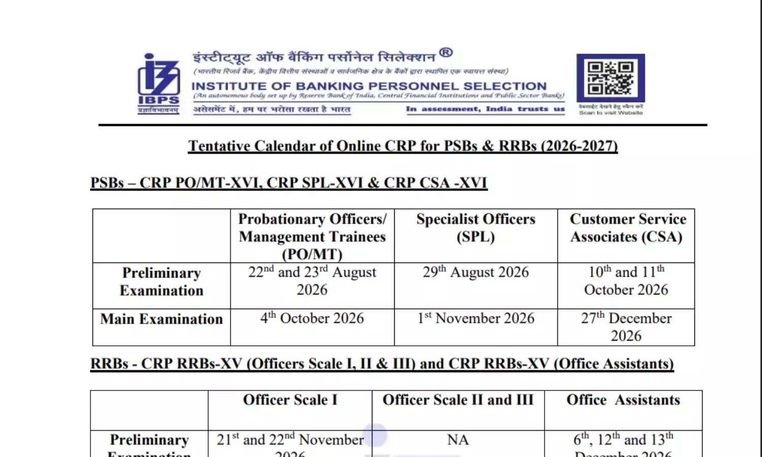 IBPS tentative Exam calendar 2026