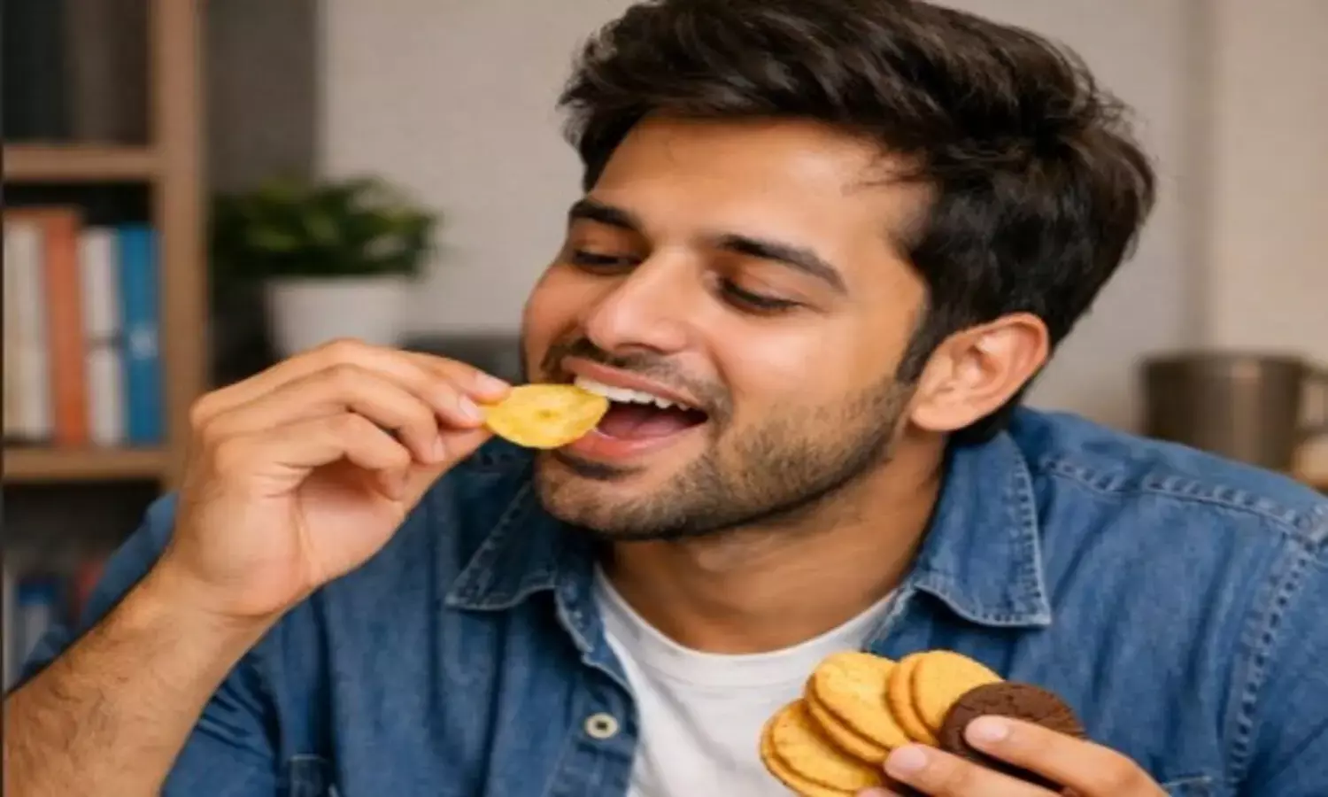 बिस्किट या चिप्स खाता  हुआ व्यक्ति