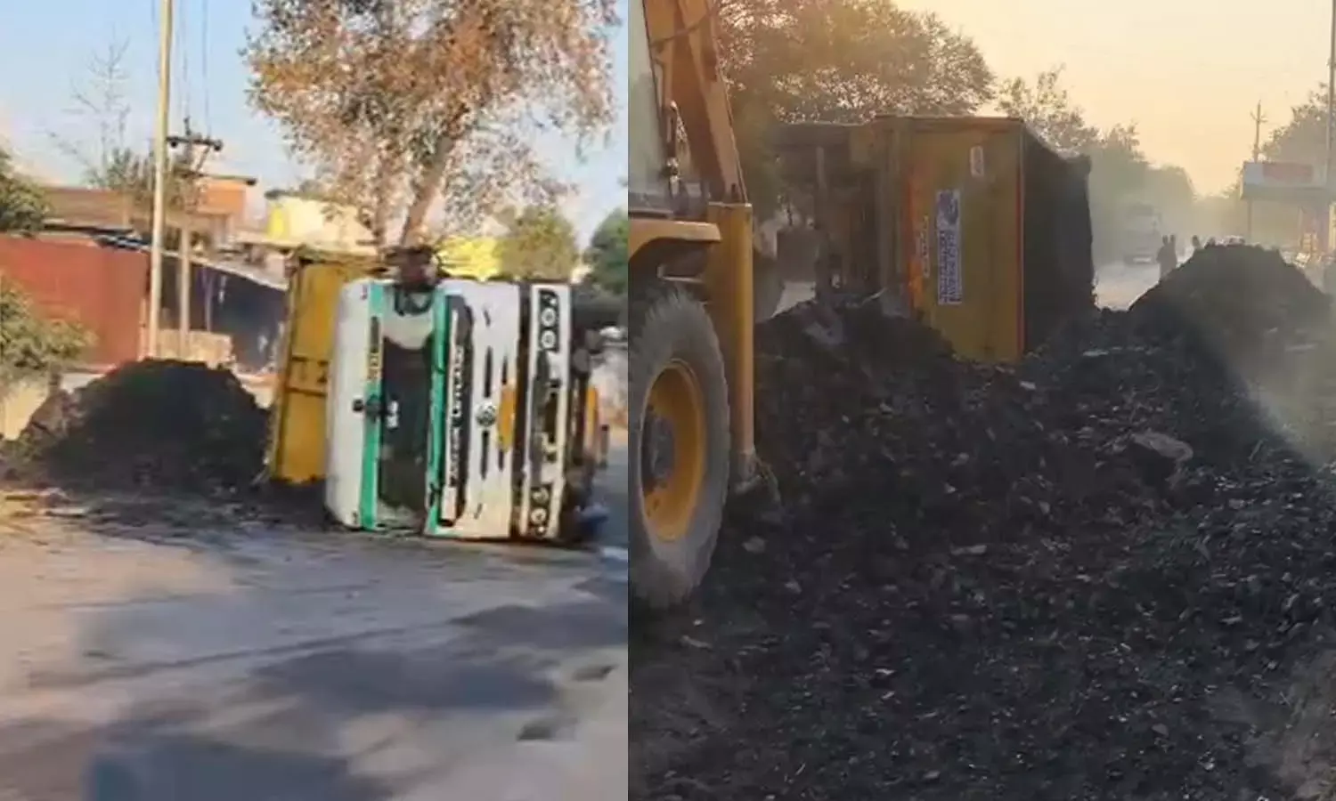 कोयले से लदा ट्रेलर सड़क पर पलटा : पिकअप में सवार चार लोग बाल-बाल बचे, CCTV कैद हुई घटना