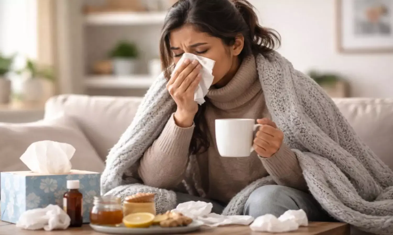सर्दी-खांसी से परेशान महिला
