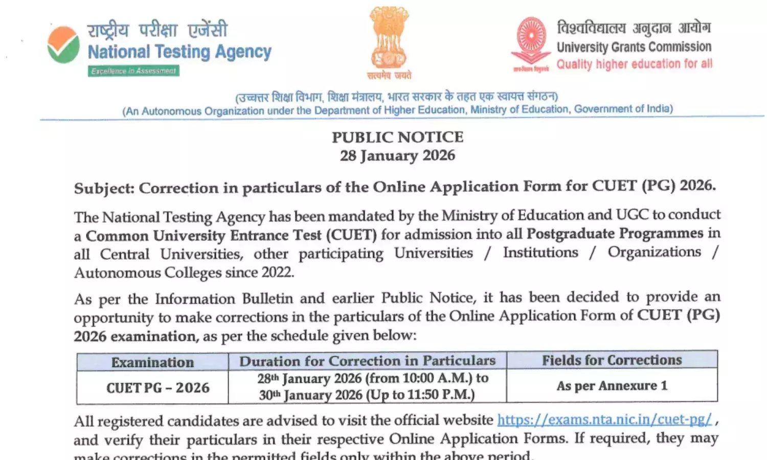 CUET PG 2026 Correction Window Close today