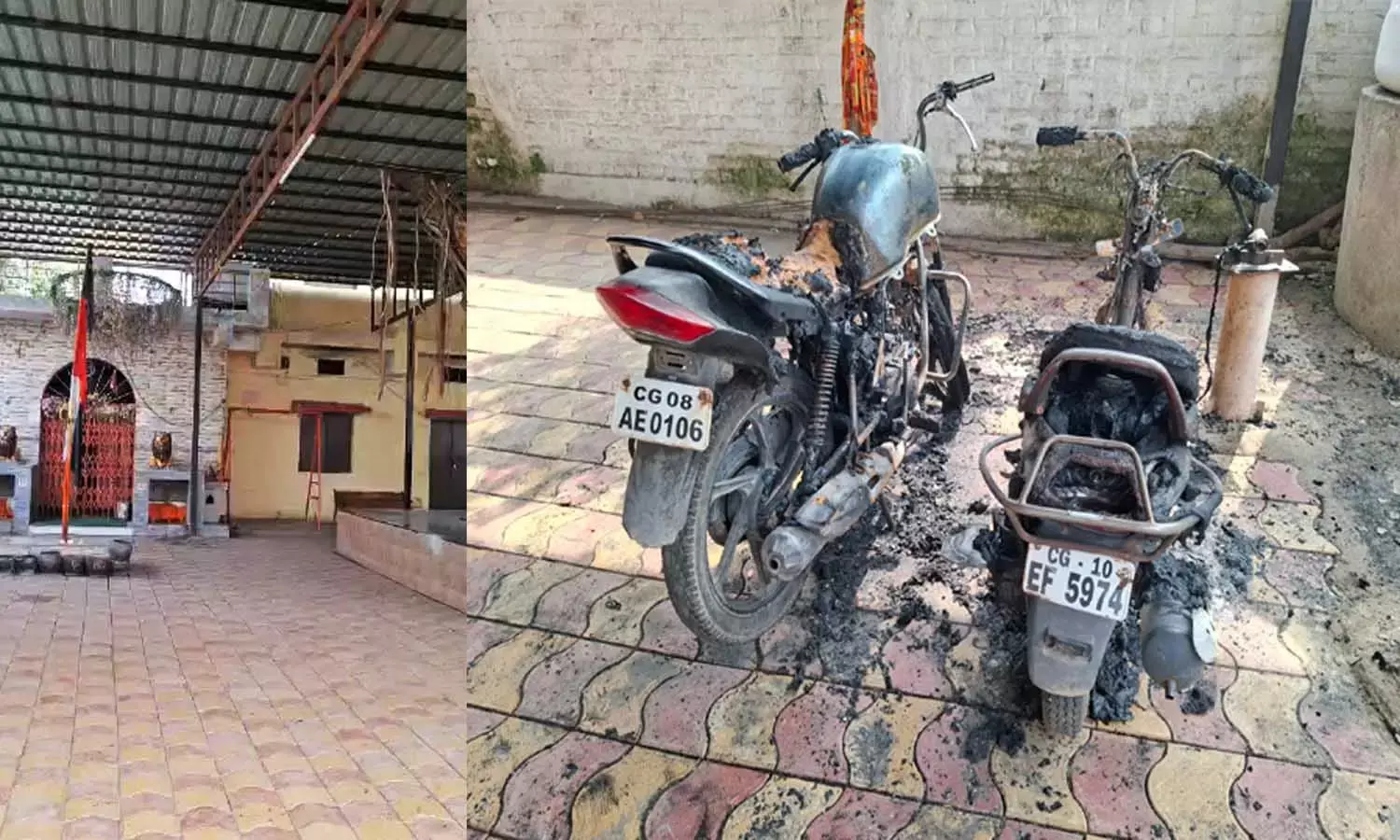 खड़ी मोटरसाइकिलों और स्कूटियों को लगा दी आग