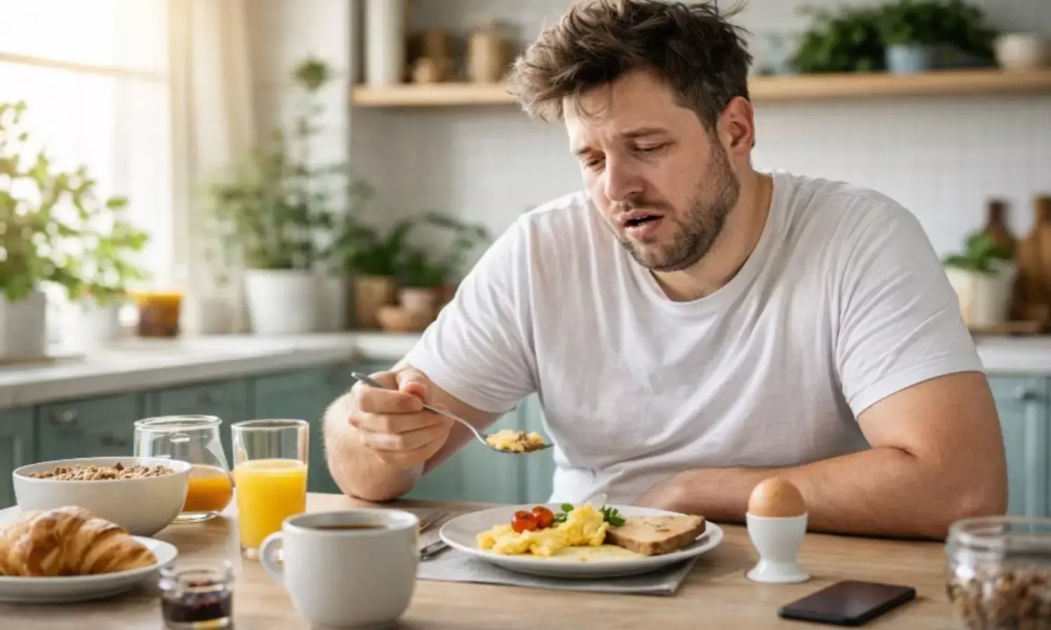 बिना पानी पिए नाश्ता करता हुआ व्यक्ति