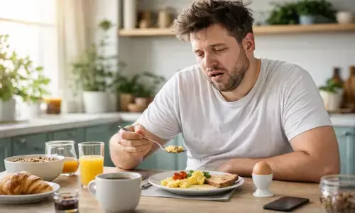 बिना पानी पिए नाश्ता करता हुआ व्यक्ति