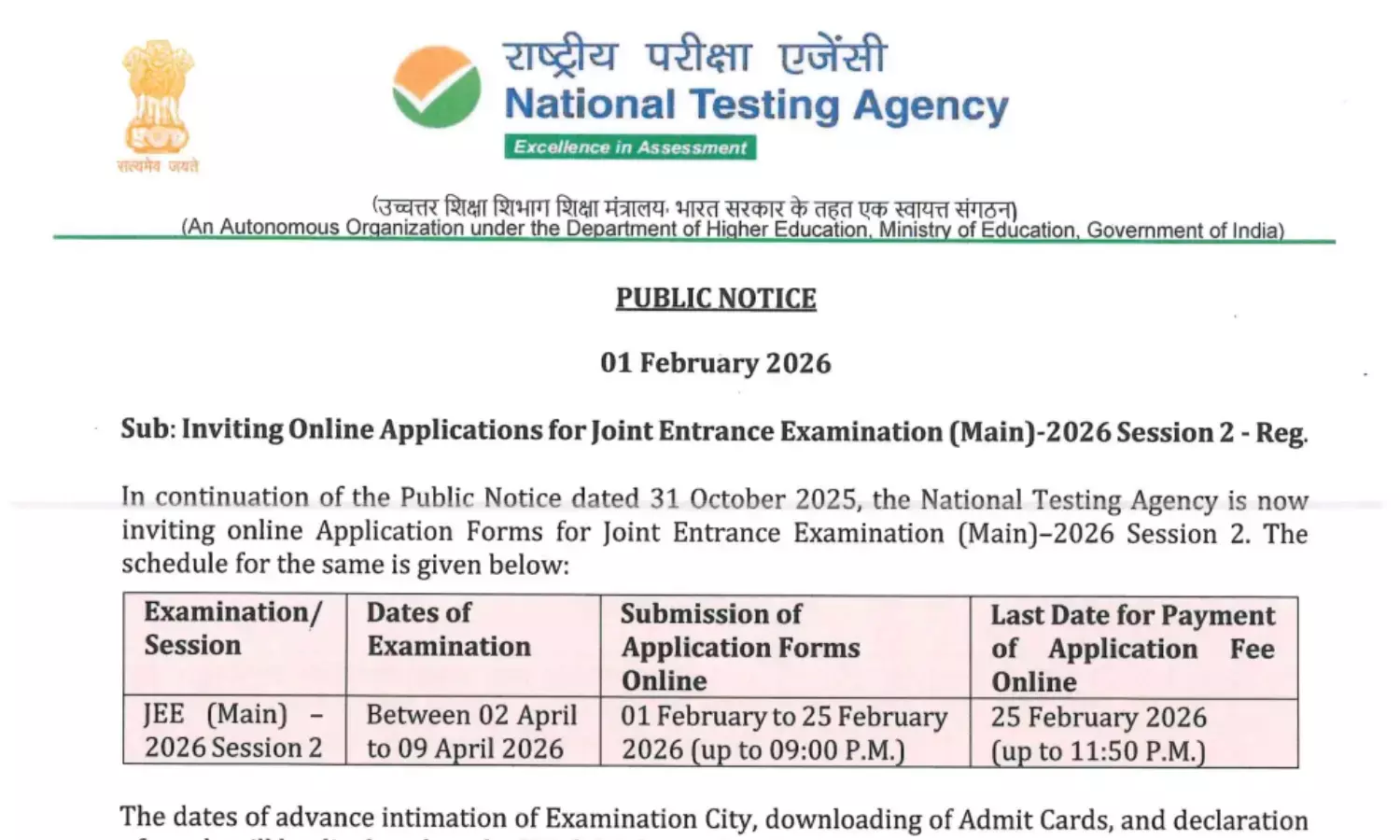 JEE Main 2026 April Session Registration JEE Main 2026 April Session Registration