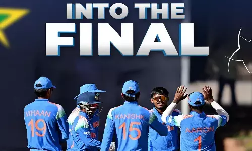 Indian Under-19 cricket team celebrating victory after historic run chase against Afghanistan in World Cup semifinal.