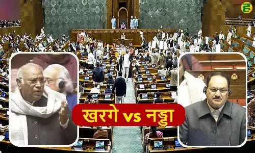 Mallikarjun Kharge and J.P. Nadda face off in the Rajya Sabha during the uproar in the 2026 Parliament Budget Session.