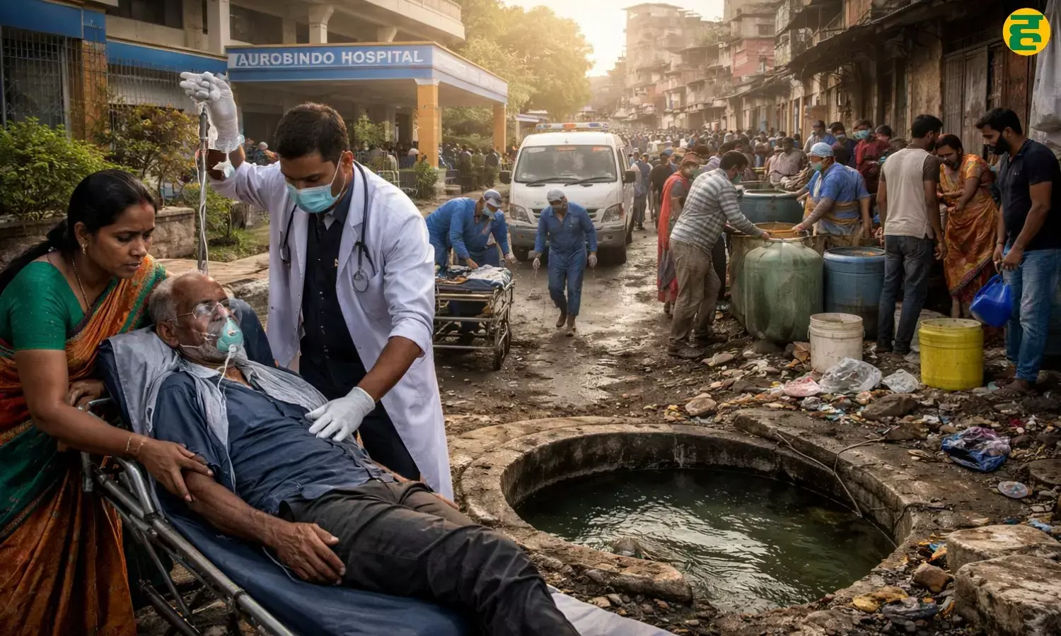 Indore ke Bhagirathpura area me contaminated water ke chalte hospital me bharti buzurg patient ka ilaj karte doctor.